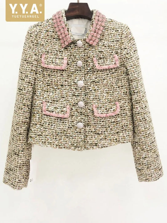 2025 Hot Sale Elegant Female Pink Shiny Diamonds Tweed Jackets Single Breasted Chic Tops Work Lady Slim Fit Coat Casual Blazers