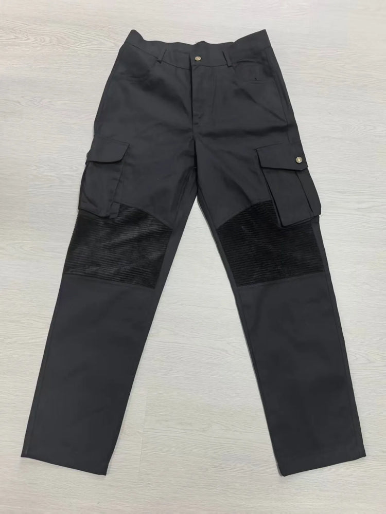Men 100% Cotton Striped Spliced Cargo Pants Elastic Waist Multi‑Pocket Outdoor Casual Trousers Spring Autumn