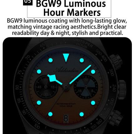 ADDIESDIVE 40mm Quartz Men's Watch AD2559 316L Stainless Steel 100M Water Resistant BGW9 Super Luminous Chronograph