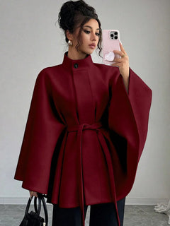 Wool Coat Women Autumn Winter Woolen Jacket Batwing Sleeve Button Lace Up Blends Turtleneck Overcoat Office Lady Outerwear