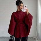 Wool Coat Women Autumn Winter Woolen Jacket Batwing Sleeve Button Lace Up Blends Turtleneck Overcoat Office Lady Outerwear