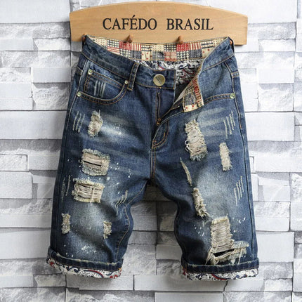 Men Ripped Short Jeans Summer Cotton Knee Length Shorts Breathable Vintage Denim Pants Painted Graffiti Streetwear Cargo Jeans PlatiNum