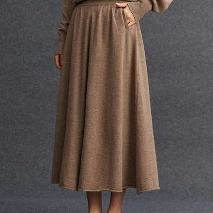 New Women's 100% Pure Cashmere Knitted Full Skirt Autumn Winter High Waisted Mid-calf Ankle-Length Soild Dress Versatile Elegant PlatiNum