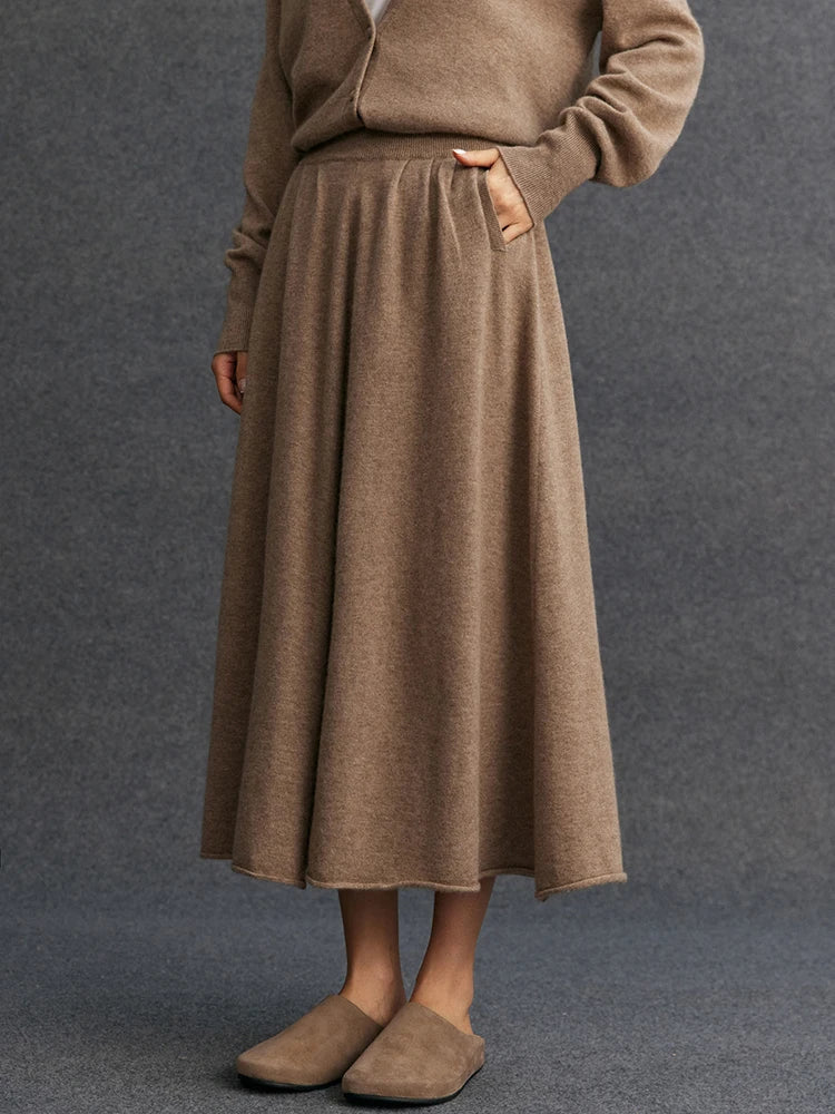 New Women's 100% Pure Cashmere Knitted Full Skirt Autumn Winter High Waisted Mid-calf Ankle-Length Soild Dress Versatile Elegant PlatiNum