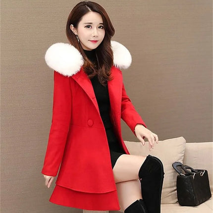 2023 New Winter Women's Woolen Blend Coat A-Line Double-Breasted Jackets Female Fur Collar Office Lady Wool Outwear