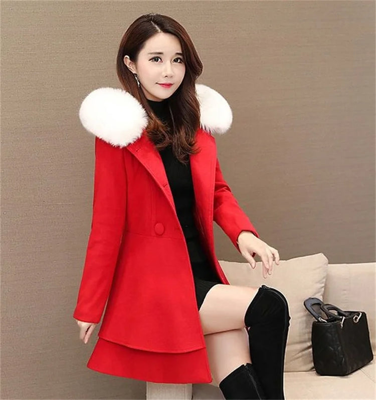 2023 New Winter Women's Woolen Blend Coat A-Line Double-Breasted Jackets Female Fur Collar Office Lady Wool Outwear