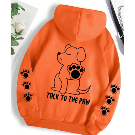 Talk To The Paw Funny Dog Cartoon Print Hoodie Women Warm Fleece Hoody Fashion Casual Hooded Autumn Loose Round Neck Woman Tops