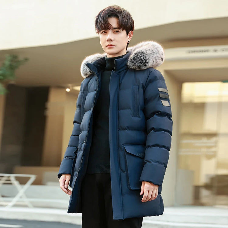 Windproof Breathable Thick Padded Down Winter Thick Windproof Warm with Hat Long Cotton Goose Down Men's Woman Outdoor