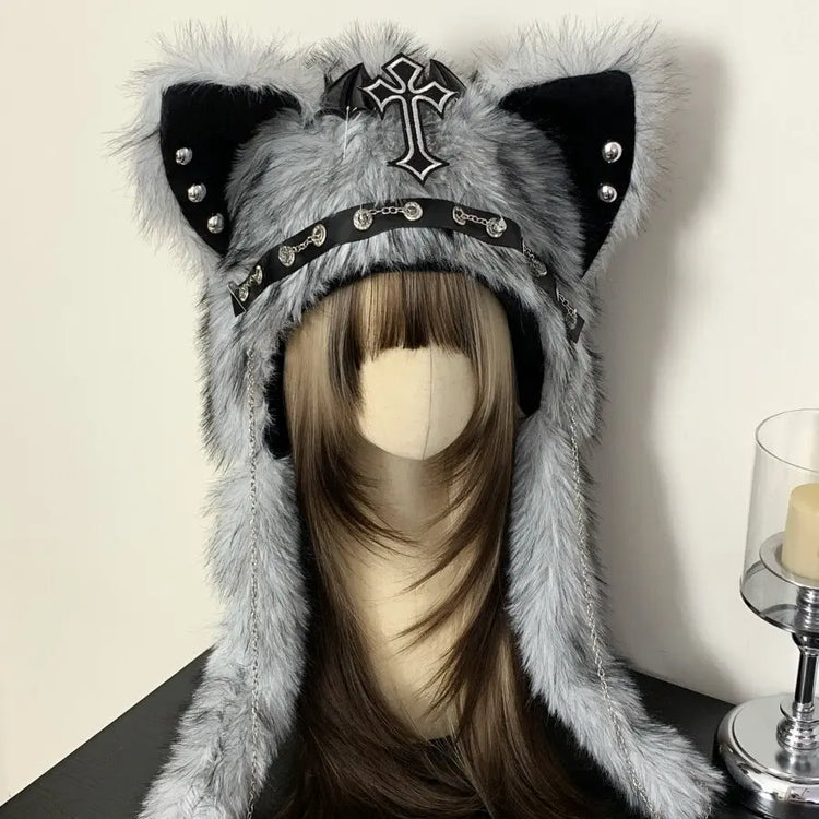 Dark Series Gothic Plush Hat Y2K Cross Metal Style Headwear Cosplay Cat Ear Hat Halloween Punk Rock Warm Cap for Women Men Child