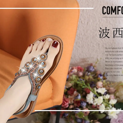 New 2026 Women's Summer Bohemian Style Sandals, Flip-Flop Design with Beaded and Rhinestone Buckle, Elastic Heel Strap, Comfortable Everyday Shoes