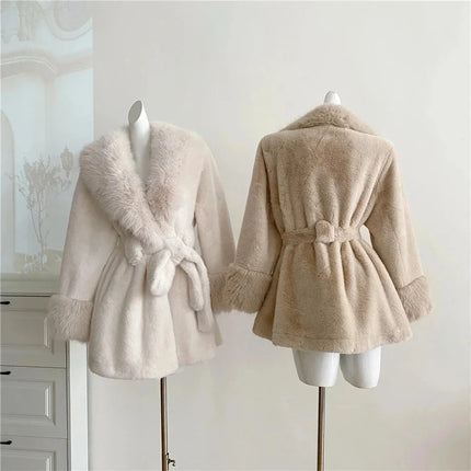 Winter Luxury Women Faux Furs Jackets Coats With Belt Elegant Waist Hugging Slimming Fur Big Collar Thickened Warm Outerwear