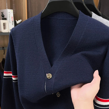 High End Brand Knitted Cardigan Men's Autumn Trend Color Blocked Striped Designer New shawl Korean Casual V-Neck sweater Coat
