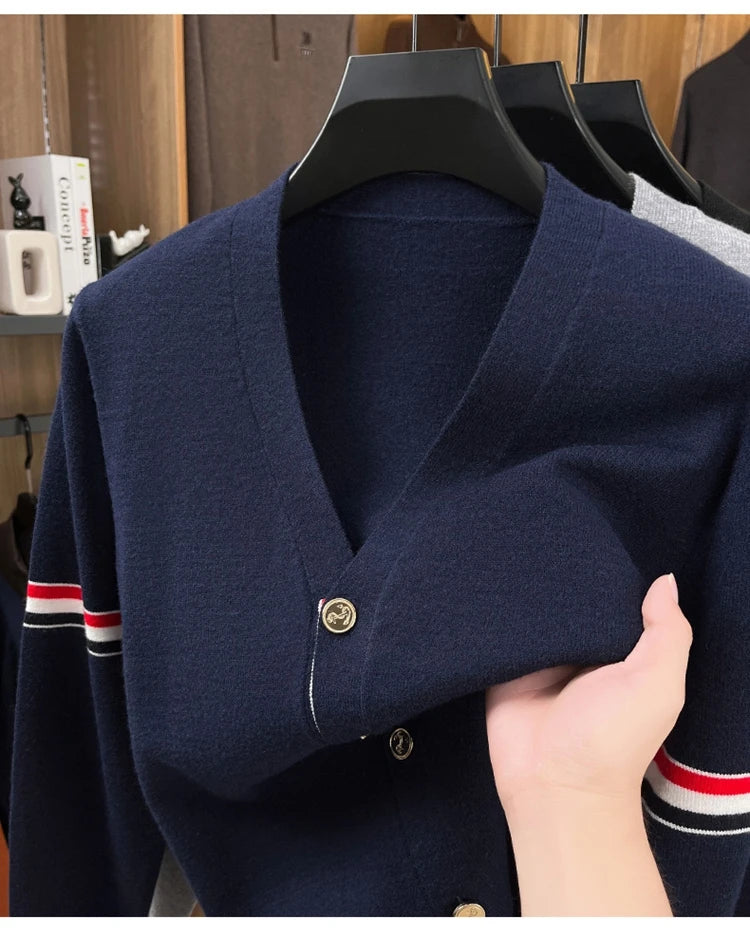 High End Brand Knitted Cardigan Men's Autumn Trend Color Blocked Striped Designer New shawl Korean Casual V-Neck sweater Coat