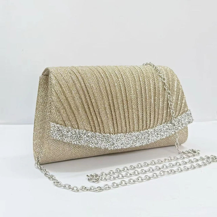 Borsa Clutch Plissettata con Strass, Pochette da Sera Scintillante con Cristalli, Elegante Borsetta da Donna per Cerimonie, Matrimoni e Feste Formali