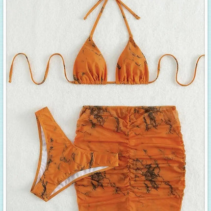 3 pezzi perizoma Bikini con gonna marmo texture costume da bagno donna costume da bagno Set costumi da bagno femminili abbigliamento da spiaggia nuoto estate platinumshop