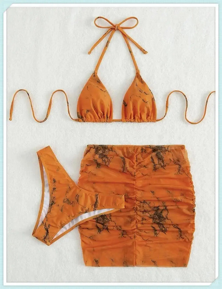 3 pezzi perizoma Bikini con gonna marmo texture costume da bagno donna costume da bagno Set costumi da bagno femminili abbigliamento da spiaggia nuoto estate platinumshop