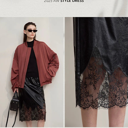 AMII Women's Skirt 2025 Autumn New Minimalist Versatile Clothing Ladies Leather Splicing Lace Solid A-line Midi Skirt 12543095 PlatiNum