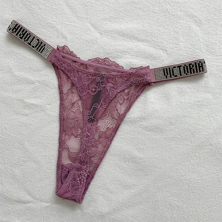 2026 New Satin Letter Rhinestone G-String Women Underwear Sexy Lace Lingerie Low Waist Seamless Panties Panties
