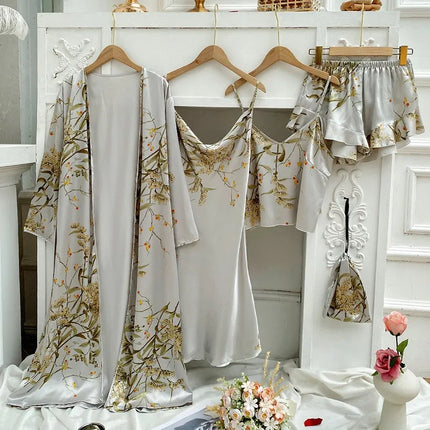 4PC Abito di seta Abito da notte Pigiama di raso di pizzo da donna Abito con scollo a V Cami Camicie da notte Indossare Pijama Home Nightwear Camicia da notte primaverile