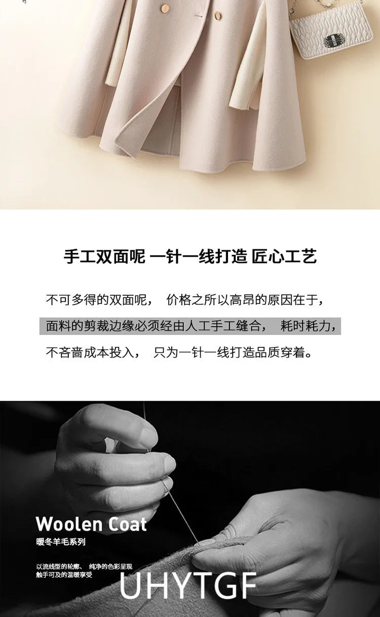 UHYTGF Mid Long Bat Cape Wool Coat Women High-End Double Sided Cashmere Autumn Jacket Female Fashion Casual Ladies Outewear 2029
