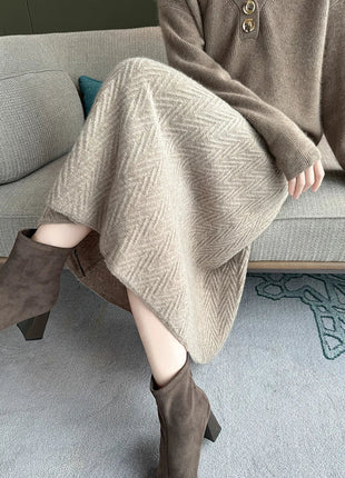 100% Cashmere Skirt Women's Mid-calf Dress Herring Bone High Waist High-end Versatile Knitted Skirt Autumn Winter Office Lady PlatiNum