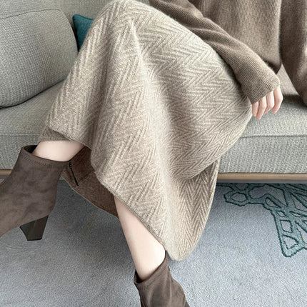 100% Cashmere Skirt Women's Mid-calf Dress Herring Bone High Waist High-end Versatile Knitted Skirt Autumn Winter Office Lady PlatiNum