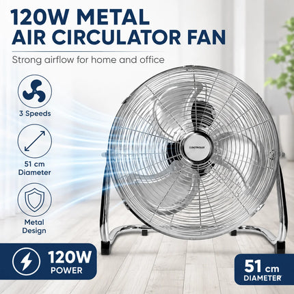 DICTROLUX Ventilatore da Pavimento in Metallo 51cm, 120W, 3 Velocità, 90° di Rotazione °   Inclinazione Regolabile 91m³/min 220-240V