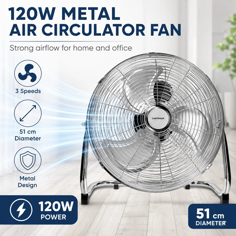 DICTROLUX Ventilatore da Pavimento in Metallo 51cm, 120W, 3 Velocità, 90° di Rotazione °   Inclinazione Regolabile 91m³/min 220-240V