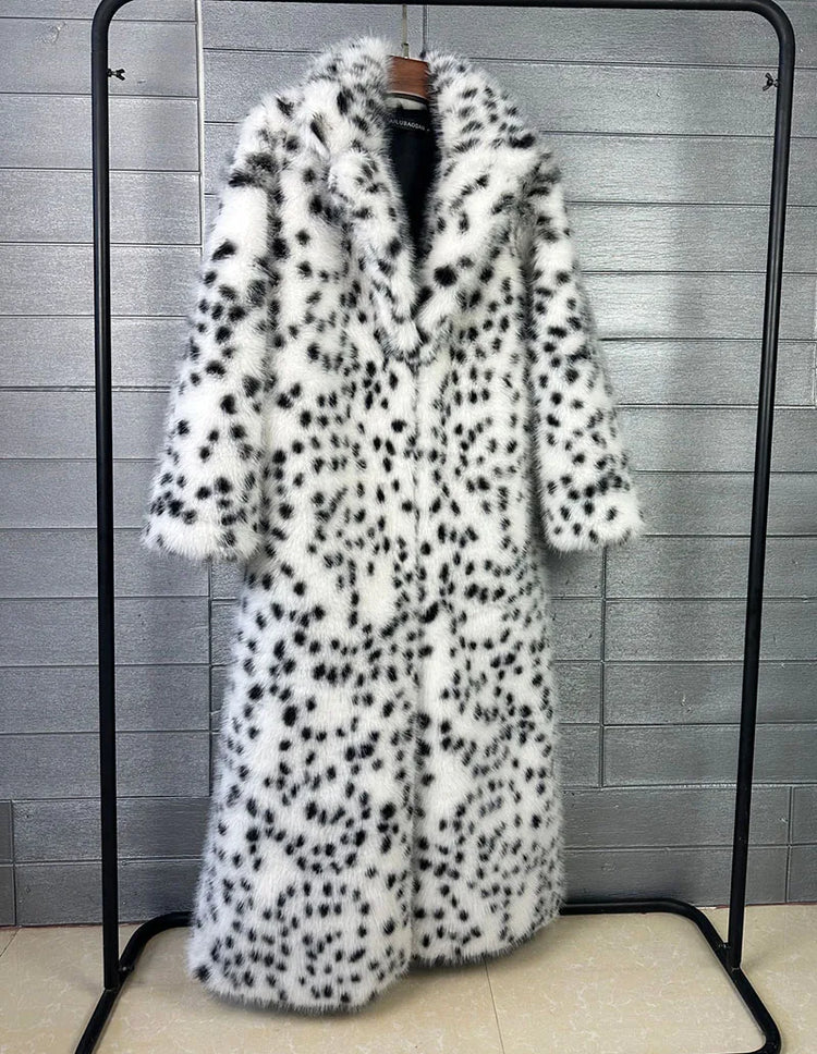 ZADORIN 130cm Long Thicken Lapel Cow Print White Brown Faux Fur Coat Woman Clothing Luxury Fluffy Jacket Winter Fur Coats Woman