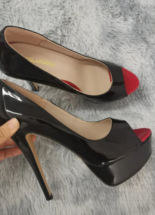 LOSLANDIFEN Women Pumps Sexy Peep Toe Platform 14cm Super High Heels Patent Leather Shoes Red Wedding Stilettos Large Size 44 PlatiNum