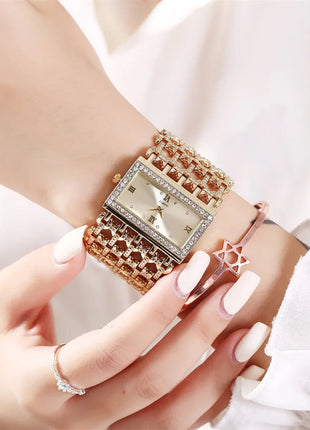 Orologio al quarzo da donna in oro nobile di lusso, orologio da donna con cinturino scheletrato, orologio completo platinumshop