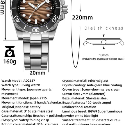 ADDIESDIVE New Watch 41mm Stainless Steel Diving Watches BWG9 Super Luminous 200m Waterproof Classic Quartz Wristwatch For Men