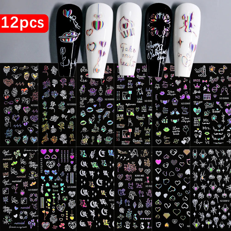 8pc 3D Mixed Color Heart Nail Stickers Valentines' Day Sweet Red Pink Love Selfadhesive Nail Decoration Decals Manicure 2027