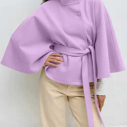 Autumn And Winter New Fashion Solid Color Cloak Stand-up Collar Button Belt Windbreaker Jacket Women's Temperament Commuting Top