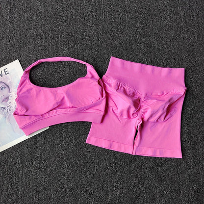 2PCs Peach High Waist Belly Hip Lifting Sports Bras Shorts Suit Gathering Shock-proof Neck Halter Yoga Suit Running Fitness Set