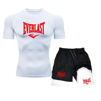 EVERLAST Camicia da Compressione da Uomo + Pantaloncini Sportivi 2 in 1 Set da 2 Pezzi per Il Tempo Libero Respiro Manica Corta Sport Jogging Palestra Marchio di Abbigliamento Stampa platinumshop
