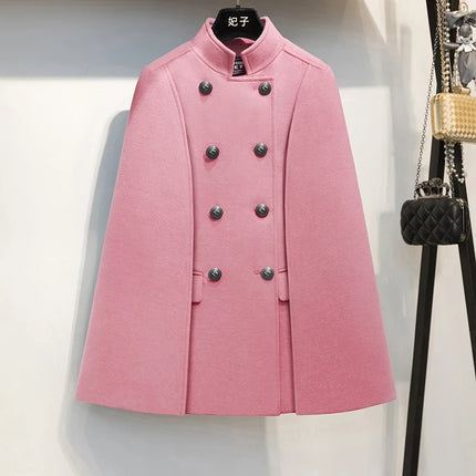 French Elegant Retro Hepburn Style Stand Collar Double-breasted Loose Temperament Commuter Woolen Jacket Cape Cloak Women Autumn