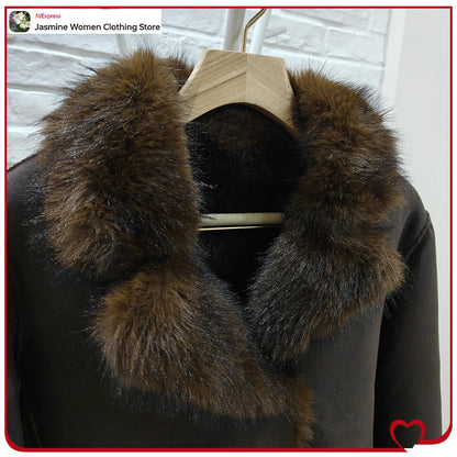 New in Reversible Double-faced Faux Fur Jacket for Women Stylish Lapel Collar Crossover Button-up Outwears Winter Brown Overcoat