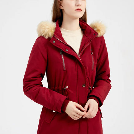 Women's Winter Coat Warm Fleece Lined Parka Detachable Faux Fur Hood Padded Jacket Slim Waist Thick Sherpa Loose Cotton Outwear