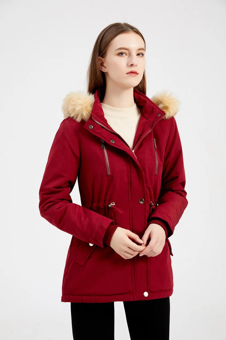 Women's Winter Coat Warm Fleece Lined Parka Detachable Faux Fur Hood Padded Jacket Slim Waist Thick Sherpa Loose Cotton Outwear