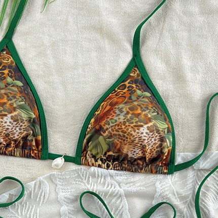 Costume da bagno bikini con stampa leopardata e bordo verde PlatiNum