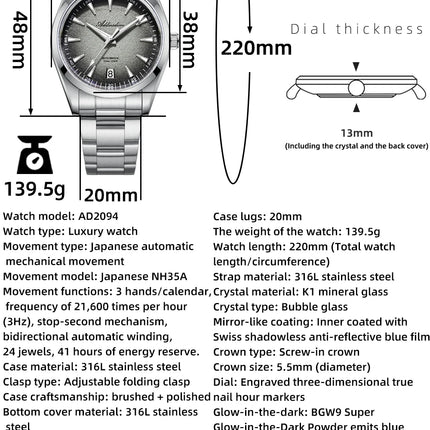 ADDIESDIVE Mechanical Men's Watch Classic Luxury Watch Super Bright Bubble Glass 100M Waterproof Men's Watch Gift