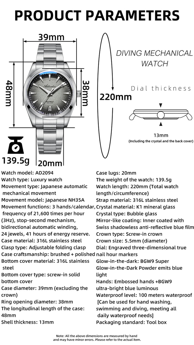 ADDIESDIVE Mechanical Men's Watch Classic Luxury Watch Super Bright Bubble Glass 100M Waterproof Men's Watch Gift