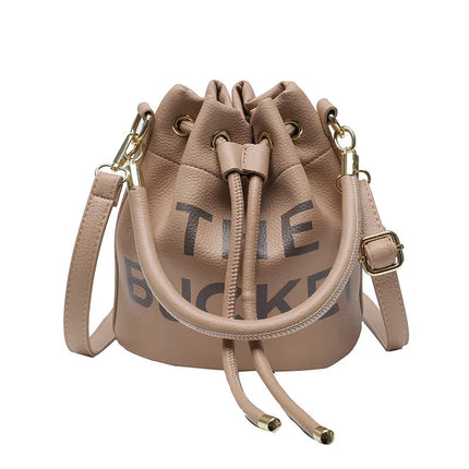 Spring New Fashion Letter PU Leather Bucket Bag Women Simple City Style Shoulder Handbag Trendy Crossbody Satchel Handbag PlatiNum