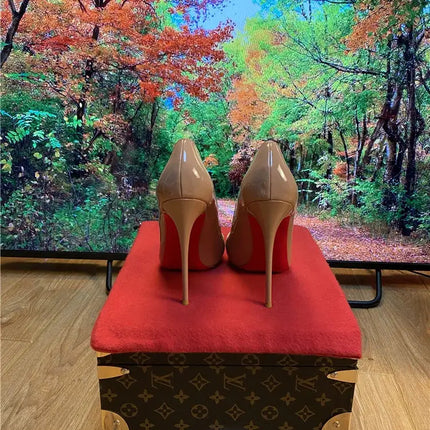 Tacchi altissimi personalizzati multicolori da 12 cm, pelle verniciata bianca nuda, suola rossa sexy, scarpe sottili a punta per ordine singolo platinumshop