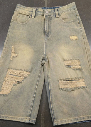 Europe America Summer New High-waisted Loose, Vintage, Ripped Denim Mid-length Straight-leg Wide-leg Pants. Casual Denim Shorts PlatiNum