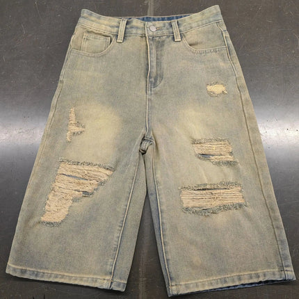 Europe America Summer New High-waisted Loose, Vintage, Ripped Denim Mid-length Straight-leg Wide-leg Pants. Casual Denim Shorts PlatiNum