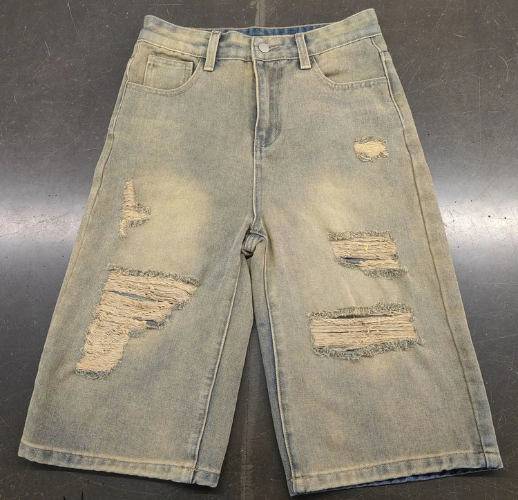 Europe America Summer New High-waisted Loose, Vintage, Ripped Denim Mid-length Straight-leg Wide-leg Pants. Casual Denim Shorts PlatiNum
