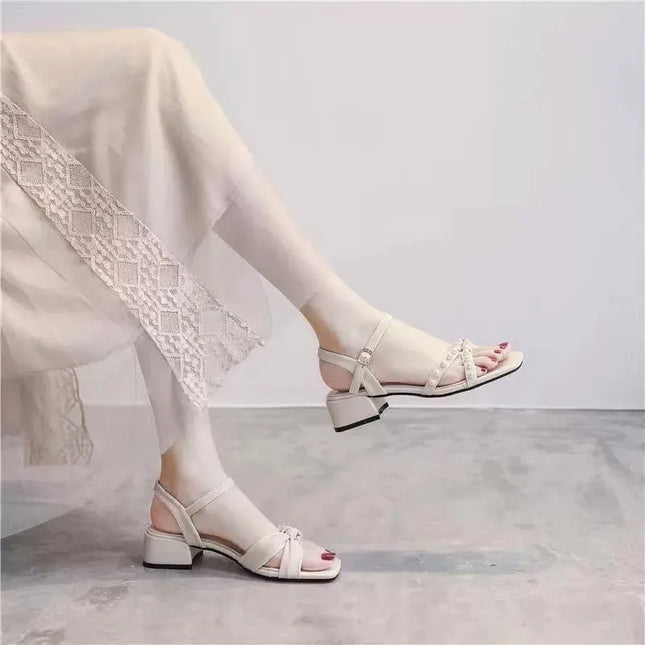 Nuovi Sandali Estivi 2026 con Tacco Grosso e Cinturini Stile Fata con Perle, Scarpe Versatili alla Moda da Donna