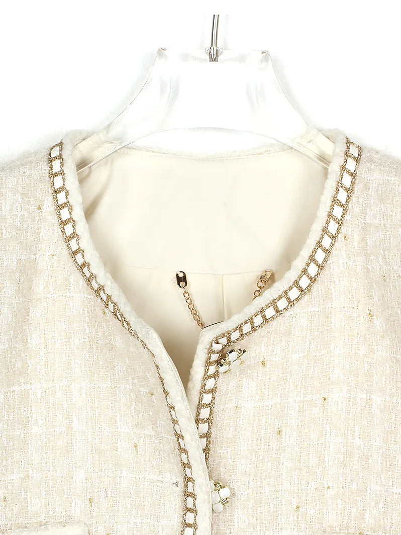 Women High Quality Long Sleeve Jacket Small Fragrance Autumn Winter Simple Fashion French Tweed Woven Office Lady Elegant Jacket